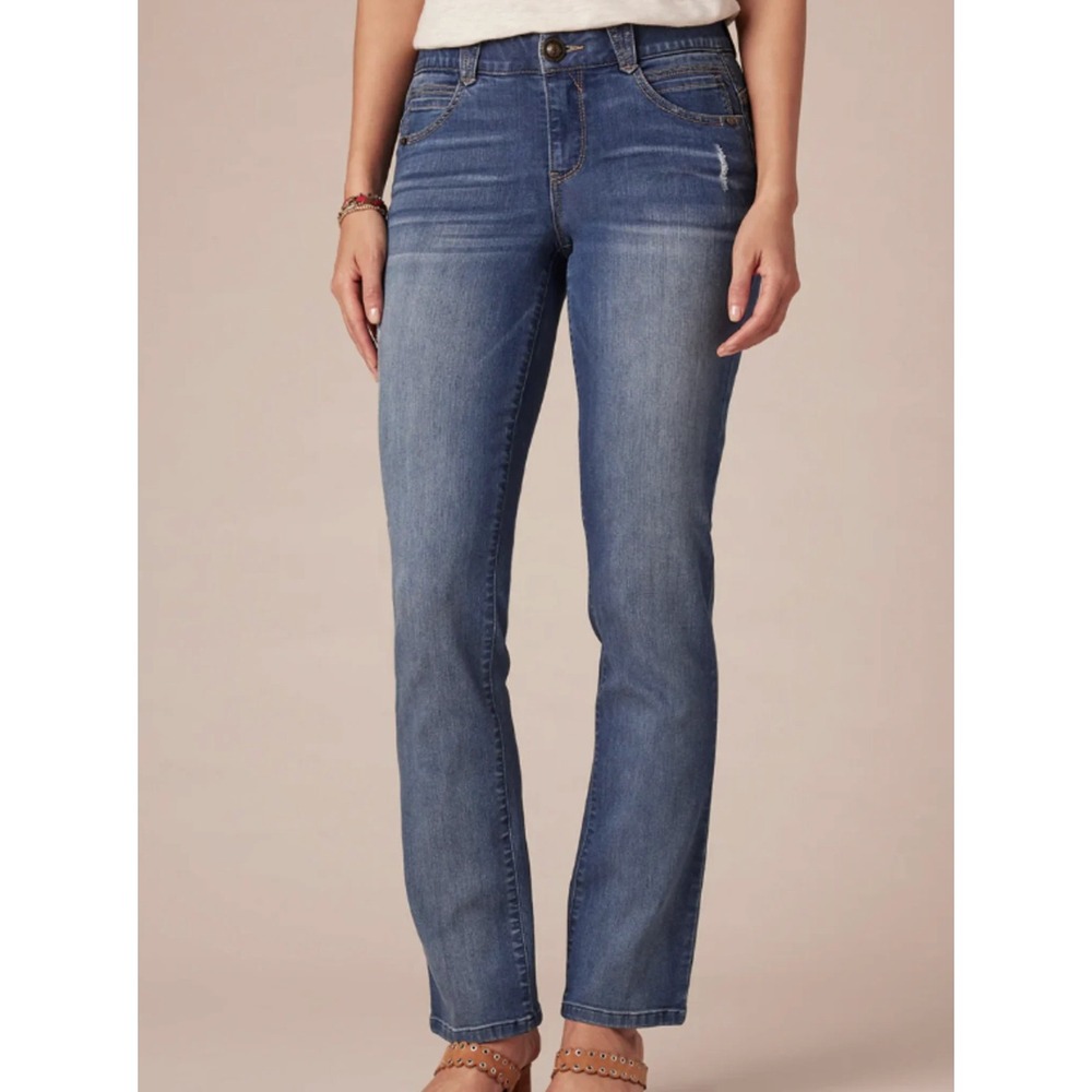 Democracy Ab Solution Straight Leg Jeans Size 8 Blue Distressed Stretch Mid Rise